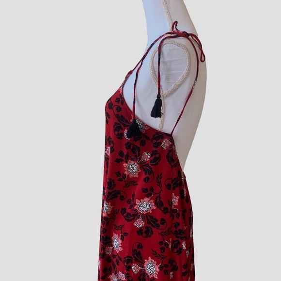 EXPRESS RED FLORAL TASSEL HALTER MINI DRESS BOHO GYPSY FLORAL DRESSS - Picture 11 of 16